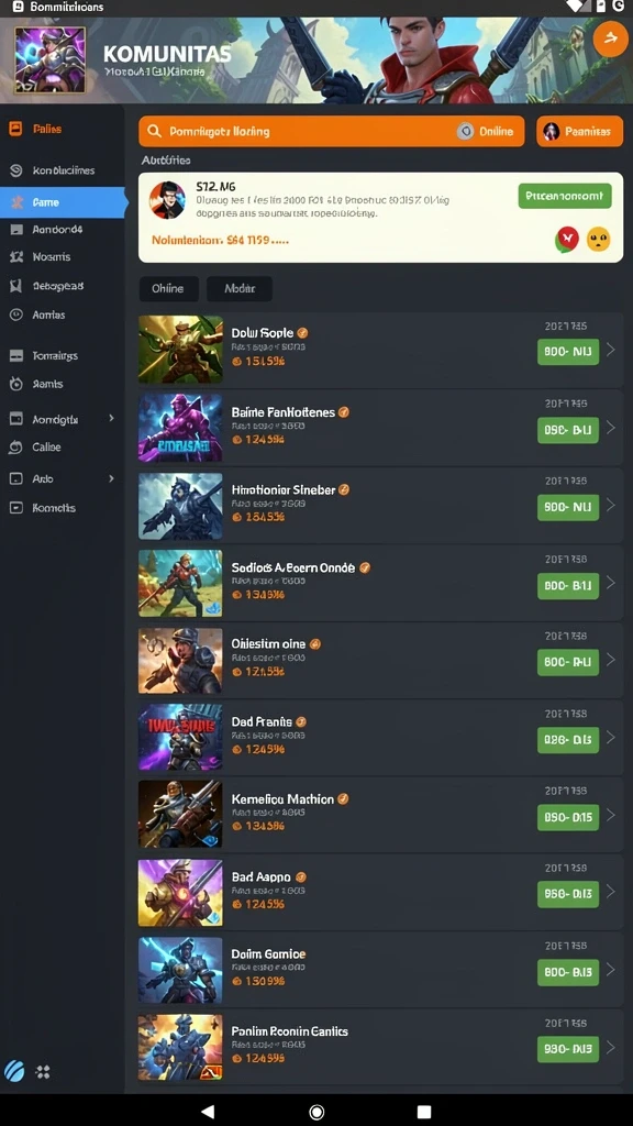 Screenshot menunjukkan berbagai pilihan permainan yang tersedia.